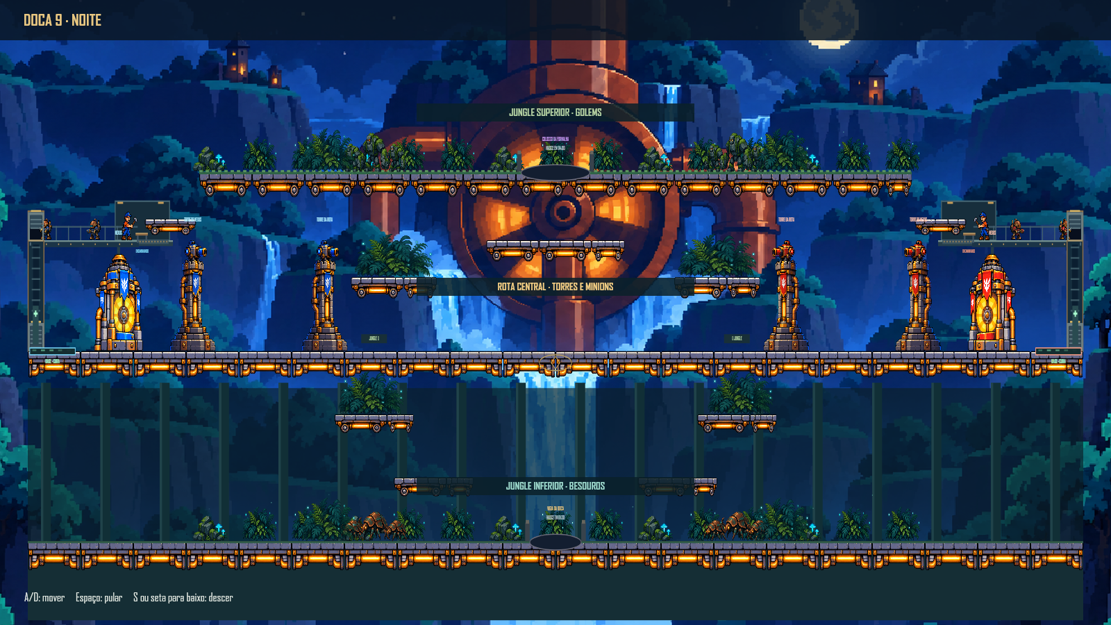 Doca 9: jungle em cima e embaixo; na rota central, bases de cura, Nexus e duas torres por time